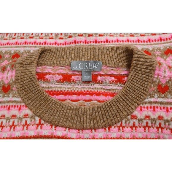J crew womens medium pink tan fairisle puff sleeve colorblock sweater wool - Picture 7 of 7